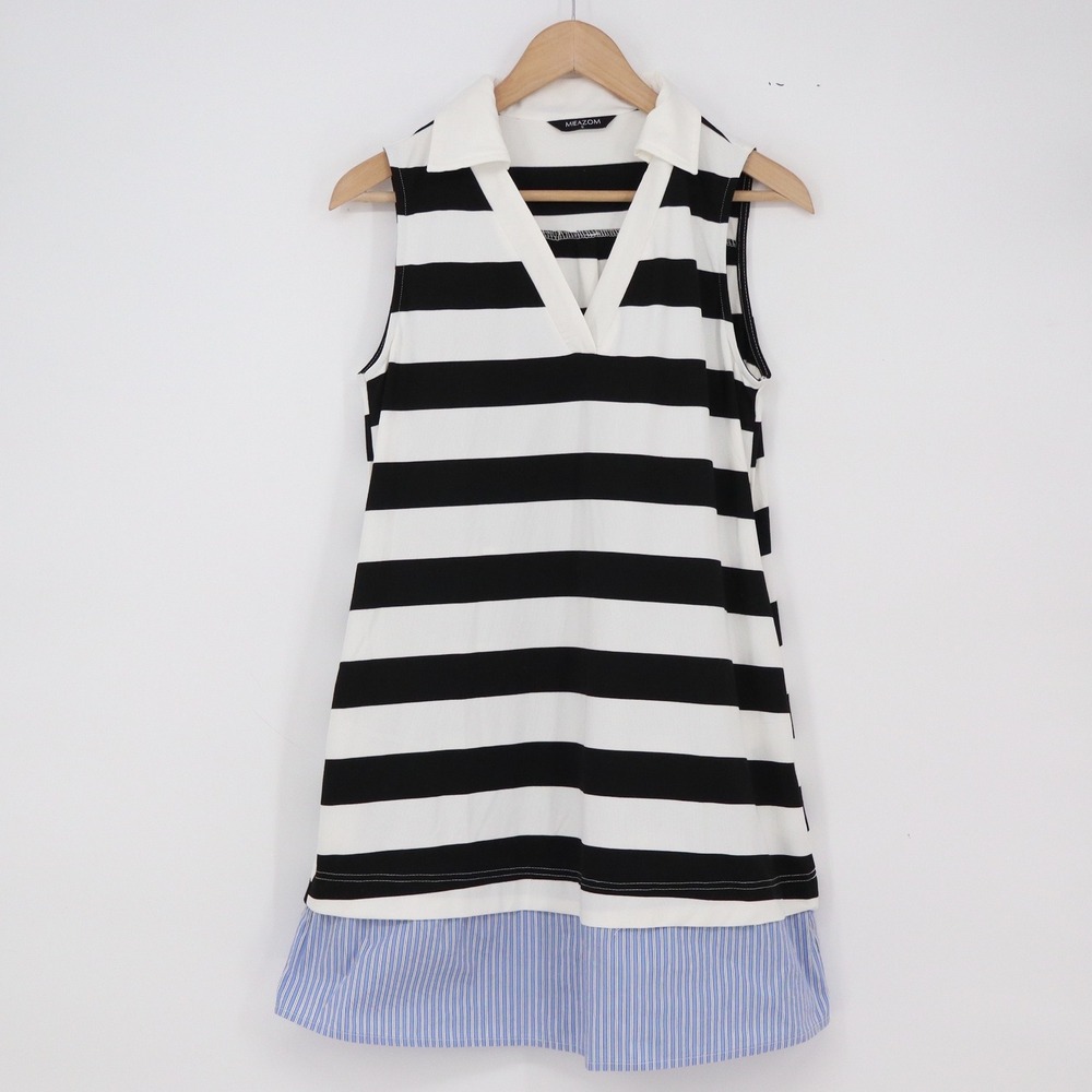 Mieazom Tunic Top Women S Sleeveless Striped Black White Contrast Hem Excellent